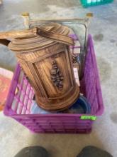Decorative ice bucket, ceramic dish with seashell soap holder, a potpourri pot, 2 deck of cards and