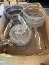 Miscellaneous glass dishes, Glass pot, and a metal pan