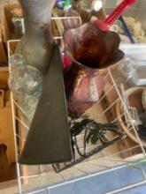 Two glass vases, two metal vases, and two decorative wall hangings for artificial flowers