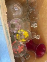 Miscellaneous glass basis, glass candle holder, hand painted votive candle holders, and a glass