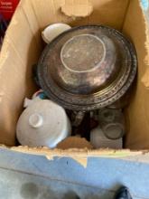 Silver bow, coffee, mug, miscellaneous glasses and McCoy strawberry country butter container