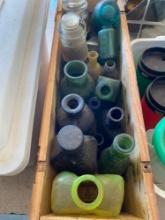 Glass insulators, A wooden box with glassware and vases