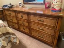 Bedroom suit, dresser, chest of drawers, 2 night stands, and queen size headboard with mattress.