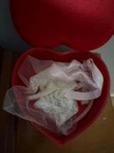 Wedding gloves, hair bra in a heart shaped box