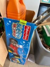 Toy mower, makes bubbles