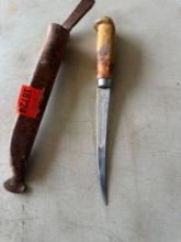 Vintage J Marttiini Finland Rapala filet knife, engraved blade with leather sheath