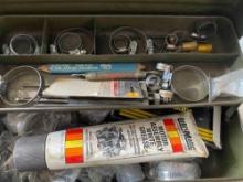 Metal toolbox with grease and hose clamps and misc items