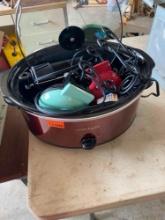 Crockpot with mini waffle maker and other items