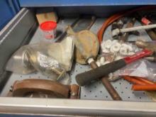 Items in drawer, misc hardware tools, black pipe, Pex tubing, radio, and more
