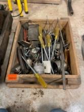 Misc hardware items, nuts, bolts, screws, screw drivers, and misc items in wooden box