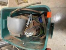 Green tote with welding hood, Oxy /acetylene hoses, grease gun and more