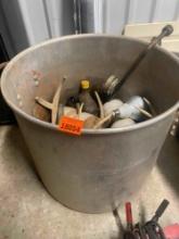 Stock pot with antlers, light bulb, screw drivers, black pipe fittings and more