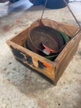 Wood crate with sifting trays and putty knife