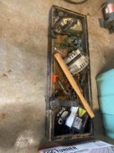 Wood box with screw drivers, ratchet wrench, screws, nails, motor, and other misc items