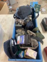 Blue crate with military belts, shotshell, Sno-seal, canteens, misc ammo
