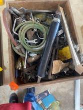 Wooden box with hoses, wrenches, square, putty knife, clamps, tap handle and much more
