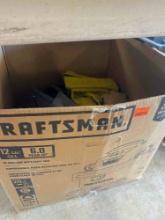 Box with Crows foot texture brushes, zip ties, music wires, yard sprayer, possibly dry bags, and
