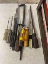 Screwdrivers, metal file, crow bar