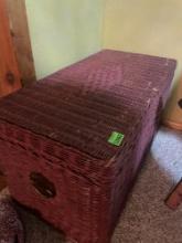 Wicker storage trunk with table cloth and toddler toys inside, see measurements in photos