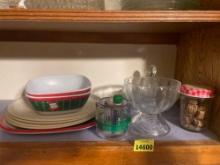 Glass dishes, plastic plates, Christmas dishes
