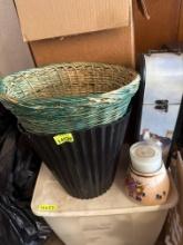 2 waste baskets candle and holder, wine bottle holder