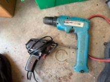 craftsman electric stapler, jumper cables, soldering gun, two Makita drills, air vacuum pump, oil