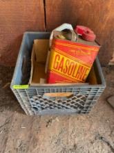 Milk crate with tiller attachment, repel stuff, old gas can