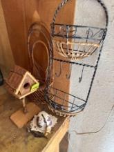 Birdhouse home decor, wicker, baskets, wire basket, wall decor, Wind chime