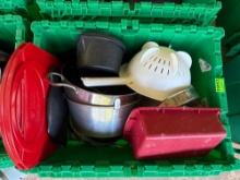 Tote with colander, pots, and pans and more