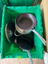 Tote with skillets and pots, pans