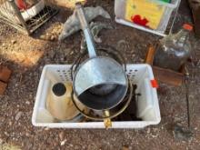 basket watering can and metal decor