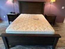 Queen bed with headboard, two nightstands, two chest of drawers, and a corner wall cabinet, sleep
