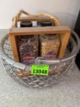 Wire basket and different varieties of popcorn in wood case