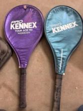 Two tennis rackets and hanging garment bag, Samsonite