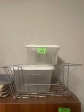 Plastic tote and wire basket