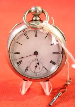 Antique Waltham Broadway open face pocket watch with key estimated production date 1881, size 18,