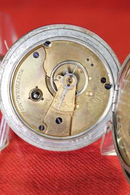 Antique Waltham Broadway open face pocket watch with key estimated production date 1881, size 18,