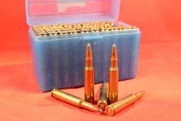 One blue plastic ammo box of reloaded 7x57 Mauser. 100 gr Nosler. Count 50.