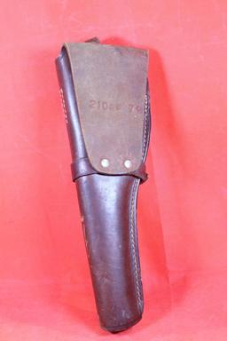 Dark brown leather single strap right handed belt holster with snap trigger loop for 5" revolver.