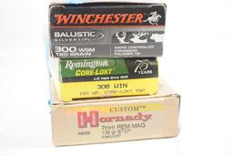 Three boxes of misc fired rifle brass, one Hornady 7MM rem mag 20 count, one Winchester 300 WSm 20