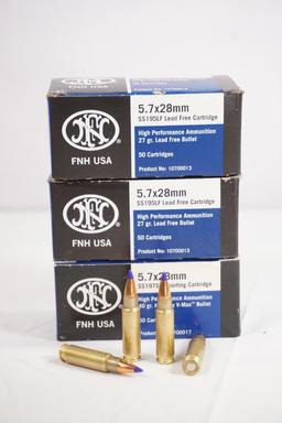 Three boxes of FNH USA 5.7x28MM 27 gr ammo, 150 count