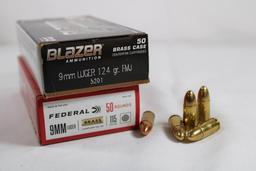 Two boxes of 9mm. One Blazer 124gr FMJ, count 50 and one Federal 115gr FMJ RN, count 49.