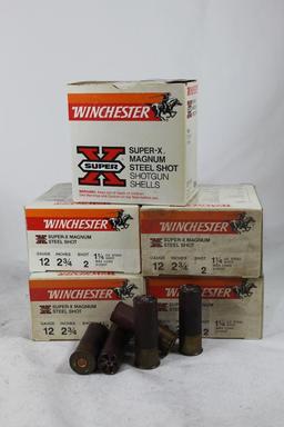 Six boxes of Winchester 12 ga Super Steel. One partial box of #BB and five boxes of #2. Count 135.