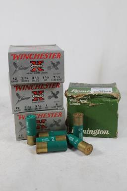 Four boxes of 12 ga shotshells. Three Winchester, 2 full #71/2, count 50, one partial #8 count 21