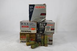 Five boxes of Federal 20 ga shotshells. Two #6, count 45 and three #4 steel. Count 75.