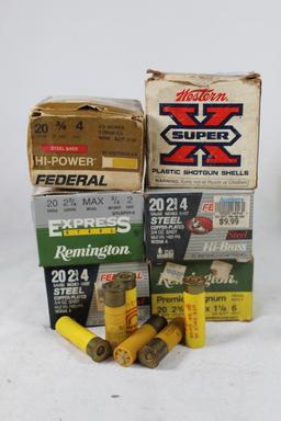 Six boxes of 20 ga shotshell. One Remington #6, one remington #2 steel, two Federal #4 steel, count