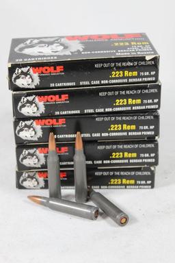 Five boxes of Wolf 223 Rem 75 gr HP. Count 100.