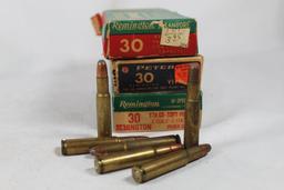 Three boxes of 30 Remington, two boxes are vintage. One Peters 170 gr Inner belted SP, one Remington