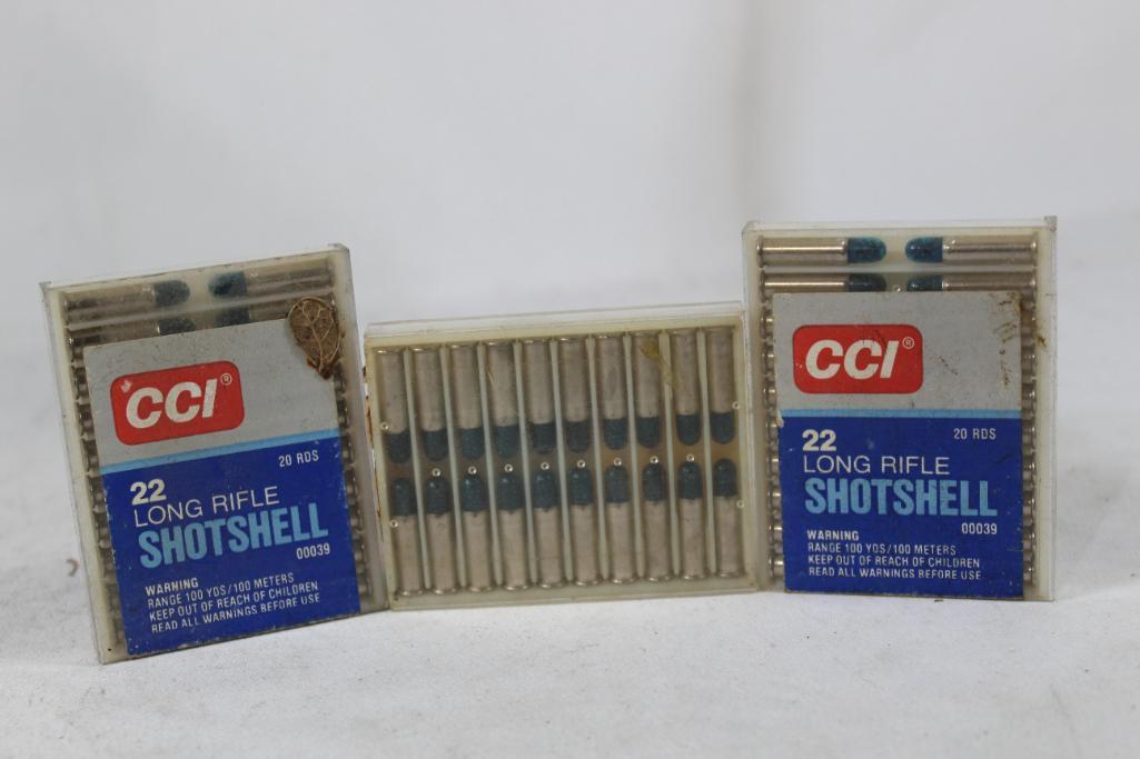 Three boxes of CCI 22 LR shot shells. Count 60.