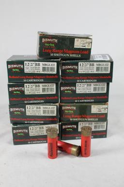 Nine boxes of 12 ga Bismuth shotshells #BB, one is partial. Count 83.
